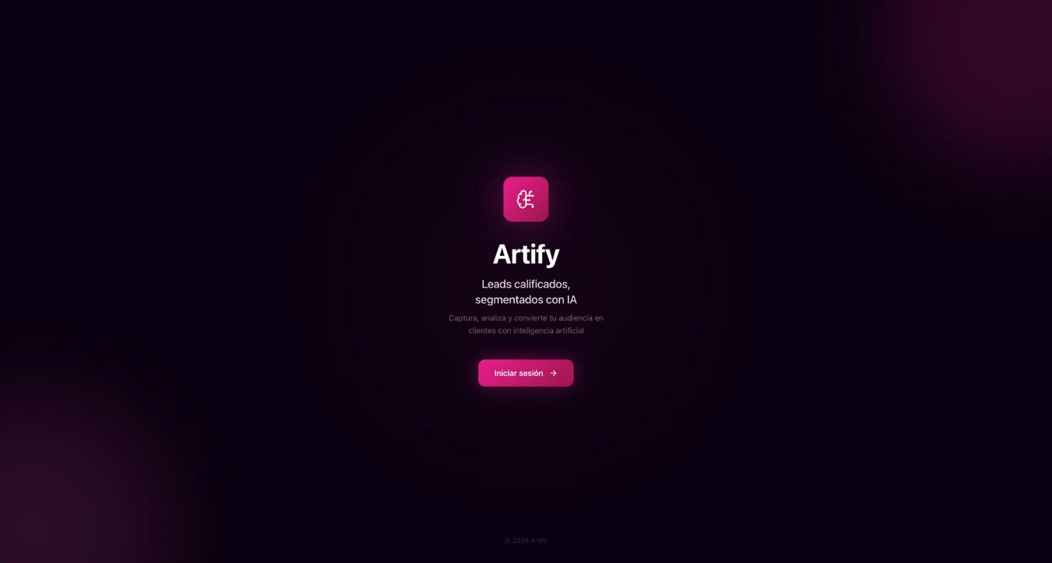 Pantalla de inicio de Artify con el lema Leads calificados, segmentados con IA y el botón Iniciar sesión