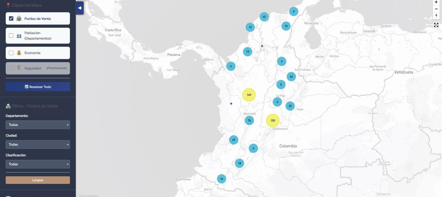 Mapa de Colombia con puntos de venta agrupados por zona y un panel lateral con capas y filtros por departamento, ciudad y clasificación